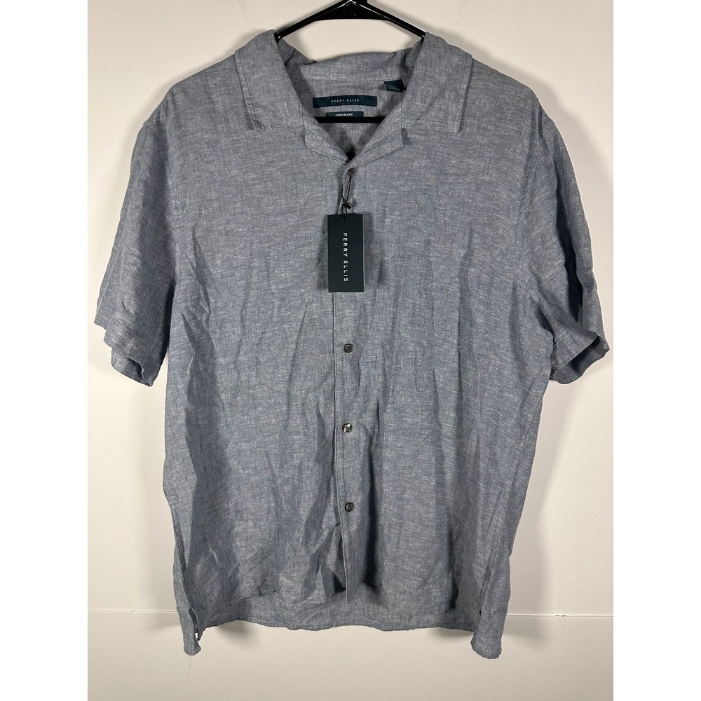 Perry Ellis Shirt Mens L Linen Blend Short Sleeve Untucked Blue Mirage Casual